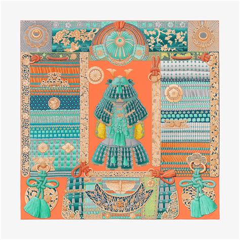 hermes samourais scarf|HERMES Silk Parures De Samourais Scarf 90 Orange Vert.